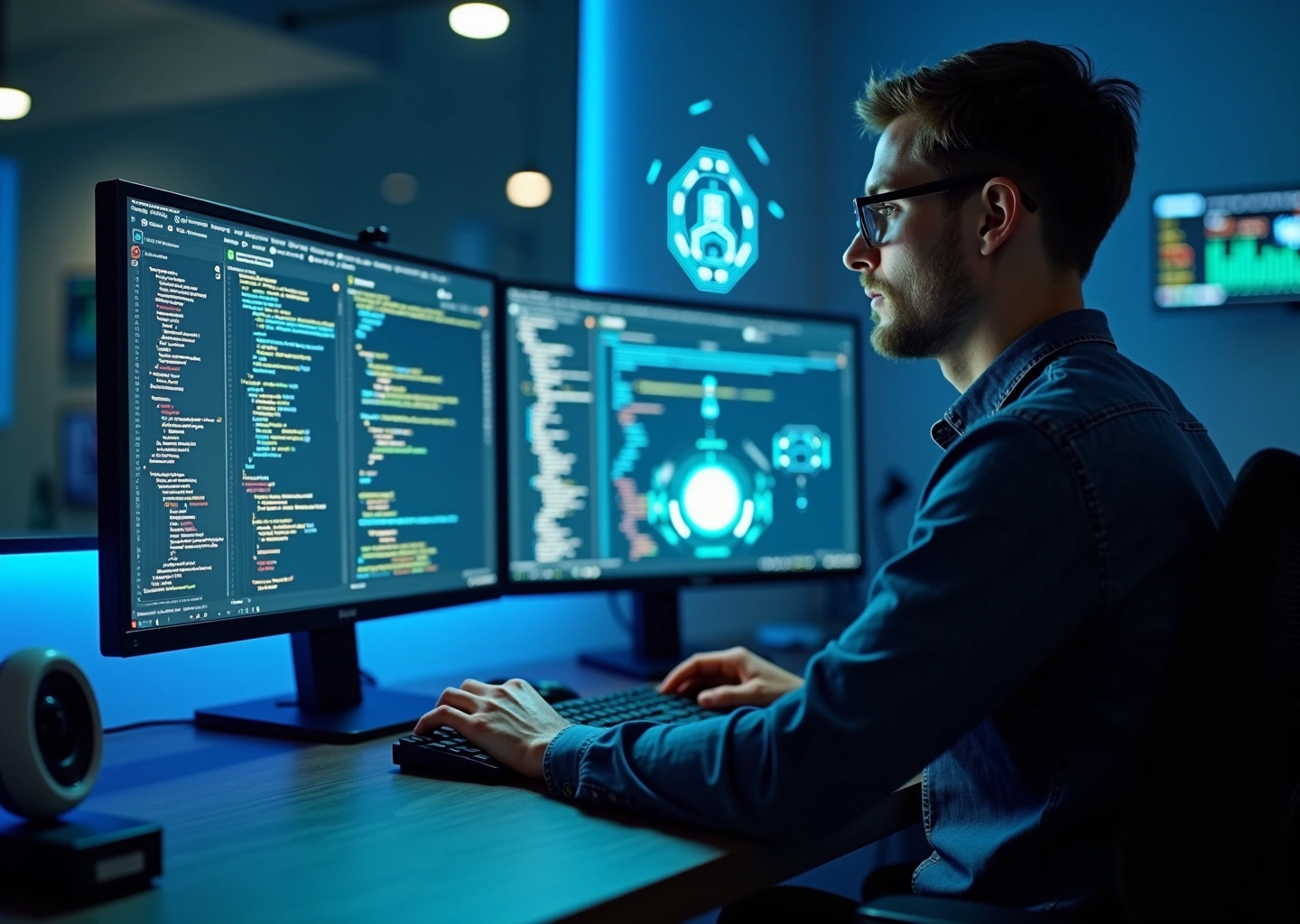 Современный офис с разработчиком за компьютером показывающим интерфейс Cursor IDE с подсказками искусственного интеллекта и Visual Studio Code на экране