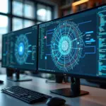 Рабочее место разработчика с открытыми IDE JetBrains и всплывающими окнами AI-ассистентов в современном офисе