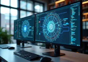 Рабочее место разработчика с открытыми IDE JetBrains и всплывающими окнами AI-ассистентов в современном офисе