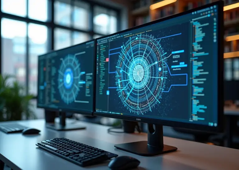 Рабочее место разработчика с открытыми IDE JetBrains и всплывающими окнами AI-ассистентов в современном офисе