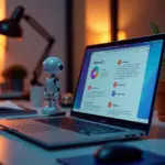 Рабочее место с ноутбуком, на котором открыт интерфейс Bubble и документация OpenAI API, символы искусственного интеллекта и разработки без кода