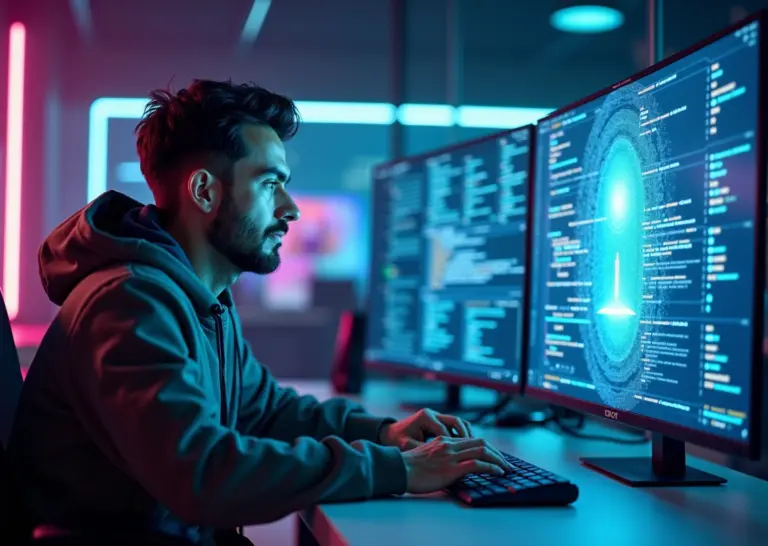 Современный программист работает вместе с голографическим AI ассистентом показывающим подсказки кода