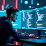 Программист использует GPT-4o и современные AI-инструменты для разработки кода на компьютере с несколькими экранами и цифровым интерфейсом.