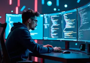 Программист использует GPT-4o и современные AI-инструменты для разработки кода на компьютере с несколькими экранами и цифровым интерфейсом.