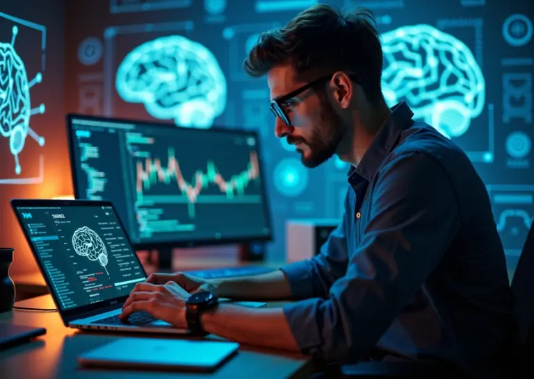 Разработчик за ноутбуком использует новый AI-инструмент Яндекса для программирования