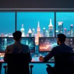 Программисты в офисе используют инструменты искусственного интеллекта на фоне современного города Москвы