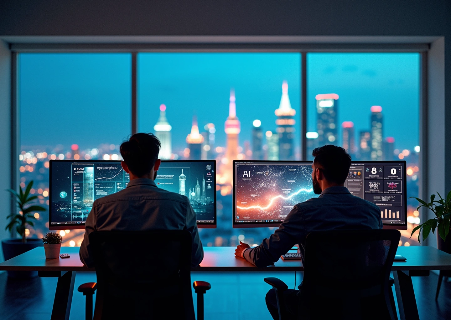 Программисты в офисе используют инструменты искусственного интеллекта на фоне современного города Москвы