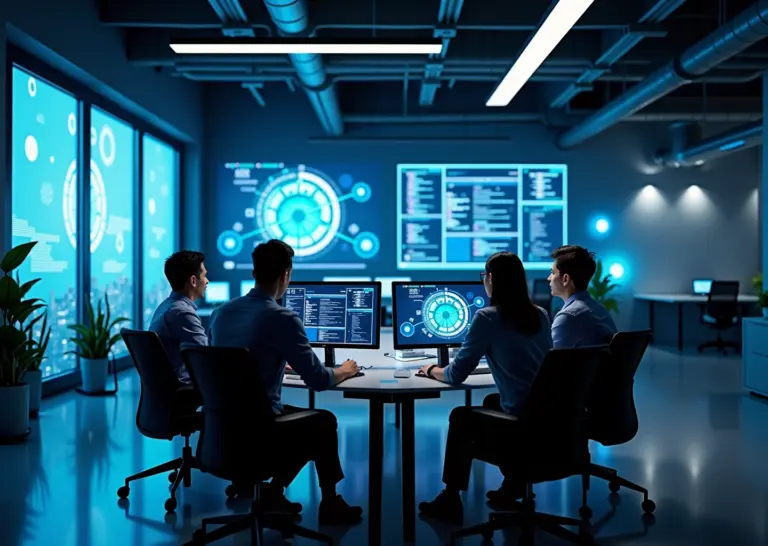 Современный офис с программистами и AI-интерфейсом на экране компьютеров