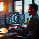 Современное рабочее место разработчика с открытым на экране компьютера AI-инструментом для помощи в кодировании