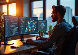 Современное рабочее место разработчика с открытым на экране компьютера AI-инструментом для помощи в кодировании