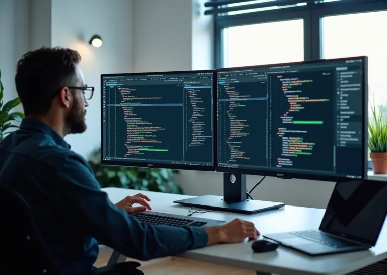 Современное рабочее место программиста с открытыми окнами Visual Studio Code, GitHub Copilot и ChatGPT