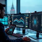 Деловой рабочий стол с несколькими экранами, на которых видны визуальные конвейеры и UI no-code платформ для создания AI‑приложений, разработчик с планшетом, вид на город за окном