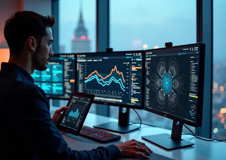 Деловой рабочий стол с несколькими экранами, на которых видны визуальные конвейеры и UI no-code платформ для создания AI‑приложений, разработчик с планшетом, вид на город за окном