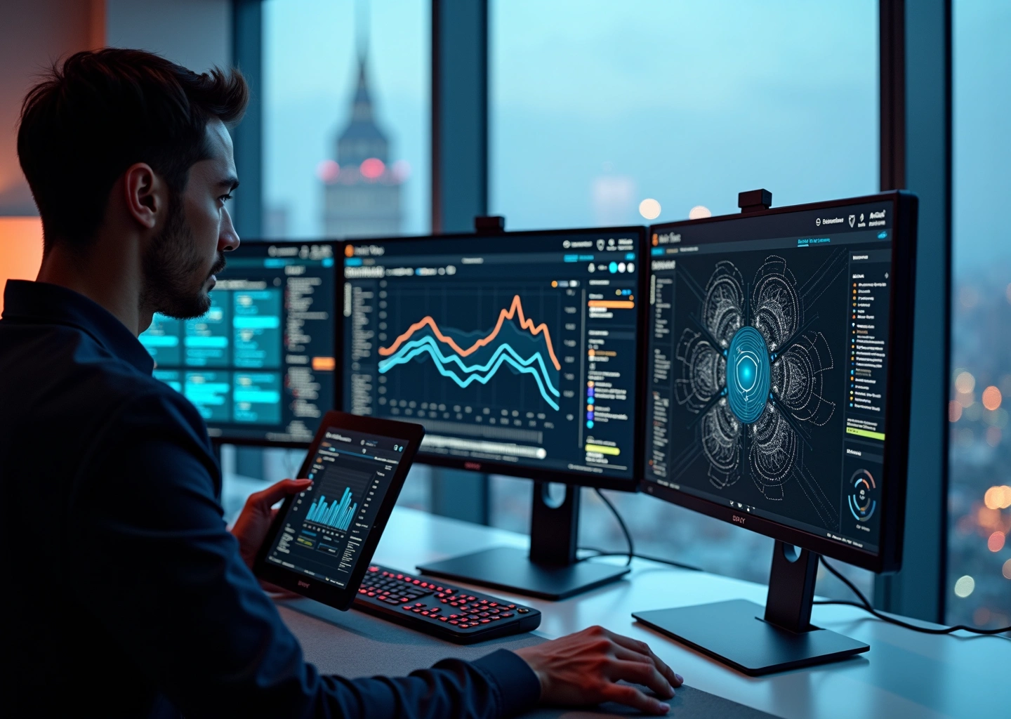 Деловой рабочий стол с несколькими экранами, на которых видны визуальные конвейеры и UI no-code платформ для создания AI‑приложений, разработчик с планшетом, вид на город за окном