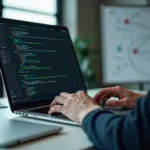 Разработчик за ноутбуком с интерфейсом AI‑помощника Cody и фрагментом кода на экране