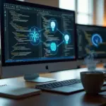 Фотография рабочего места разработчика с открытым VS Code на экране и визуальными подсказками AI, ноутбук, вторая монитор, элементы атмосферы офиса и значки искусственного интеллекта