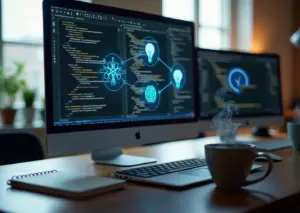 Фотография рабочего места разработчика с открытым VS Code на экране и визуальными подсказками AI, ноутбук, вторая монитор, элементы атмосферы офиса и значки искусственного интеллекта