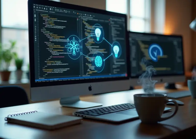 Фотография рабочего места разработчика с открытым VS Code на экране и визуальными подсказками AI, ноутбук, вторая монитор, элементы атмосферы офиса и значки искусственного интеллекта