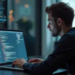 Разработчик за ноутбуком с открытым интерфейсом Prorab AI: код, подсказки и иконки интеграций на экране, серверы и небольшой российский флаг на заднем плане