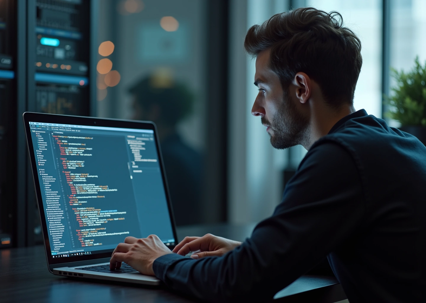 Разработчик за ноутбуком с открытым интерфейсом Prorab AI: код, подсказки и иконки интеграций на экране, серверы и небольшой российский флаг на заднем плане