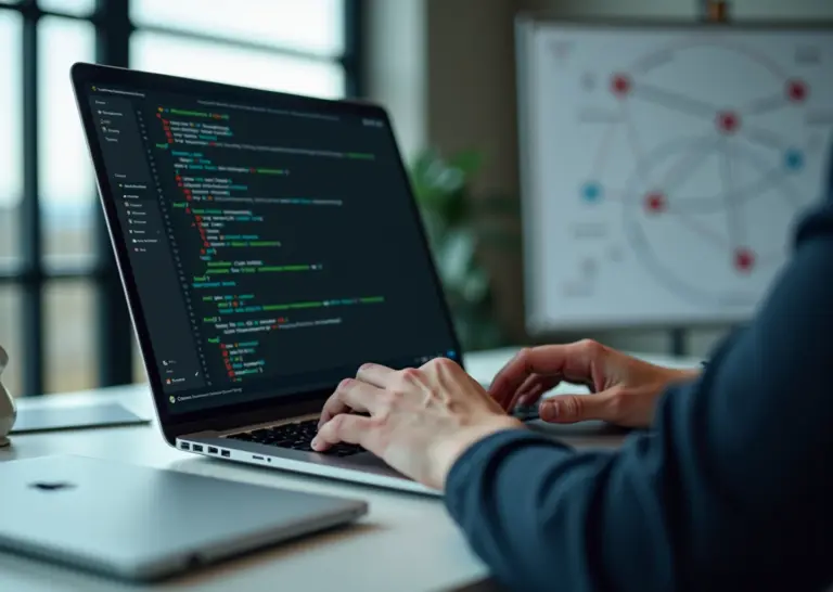 Разработчик за ноутбуком с интерфейсом AI‑помощника Cody и фрагментом кода на экране